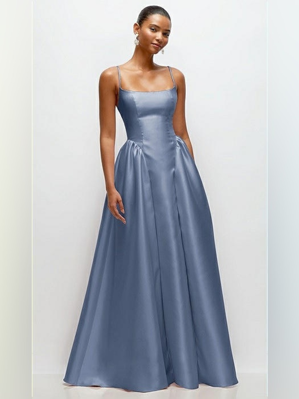 Dessy Bridesmaid Scoop Neck Drop Basque Skirt Satin Maxi Dress with Pockets Blue